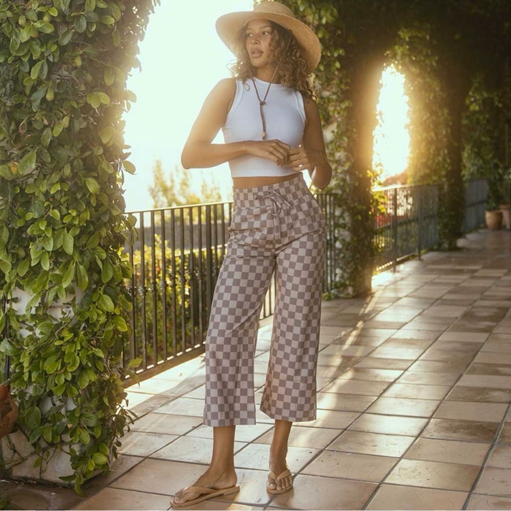 ALBION | AUDREY WIDE LEG CROPPED PANTS BROWN CHECKERS PRINT XL LIGHTWEIGHT